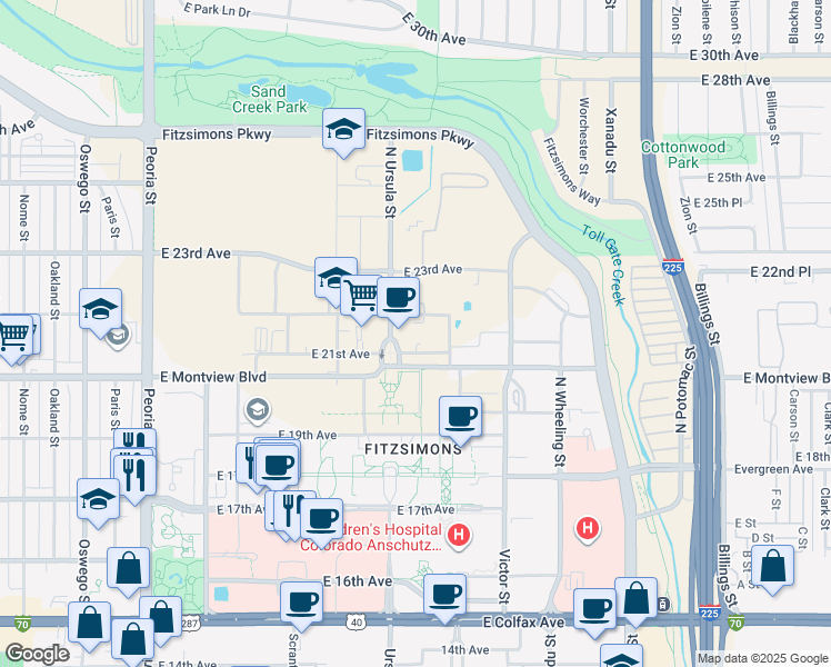 map of restaurants, bars, coffee shops, grocery stores, and more near 2100 North Ursula Street in Aurora