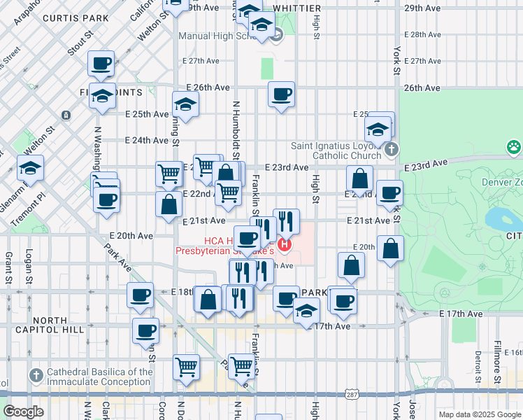 map of restaurants, bars, coffee shops, grocery stores, and more near 2101 Franklin Street in Denver