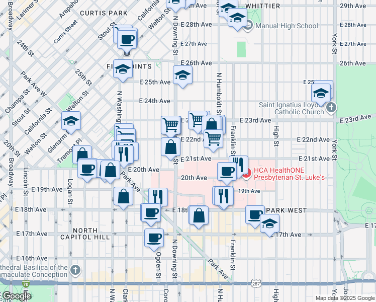 map of restaurants, bars, coffee shops, grocery stores, and more near 2100 North Downing Street in Denver