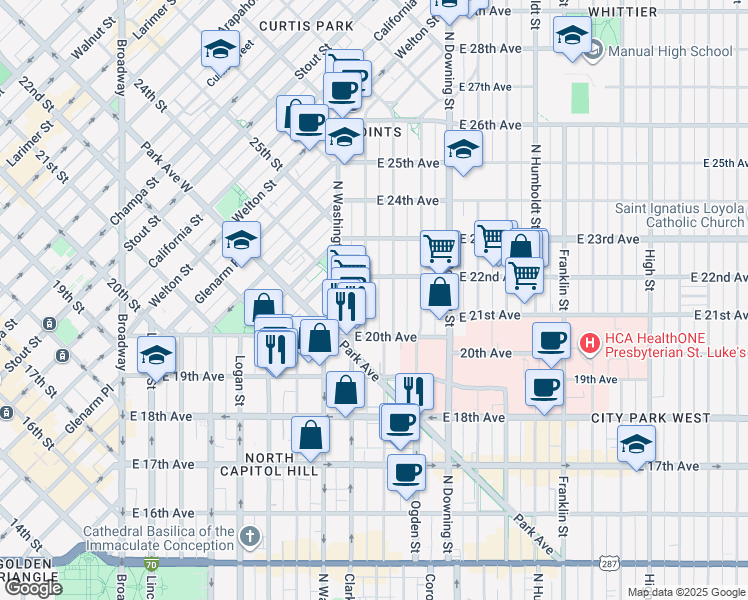 map of restaurants, bars, coffee shops, grocery stores, and more near 2055 Emerson Street in Denver