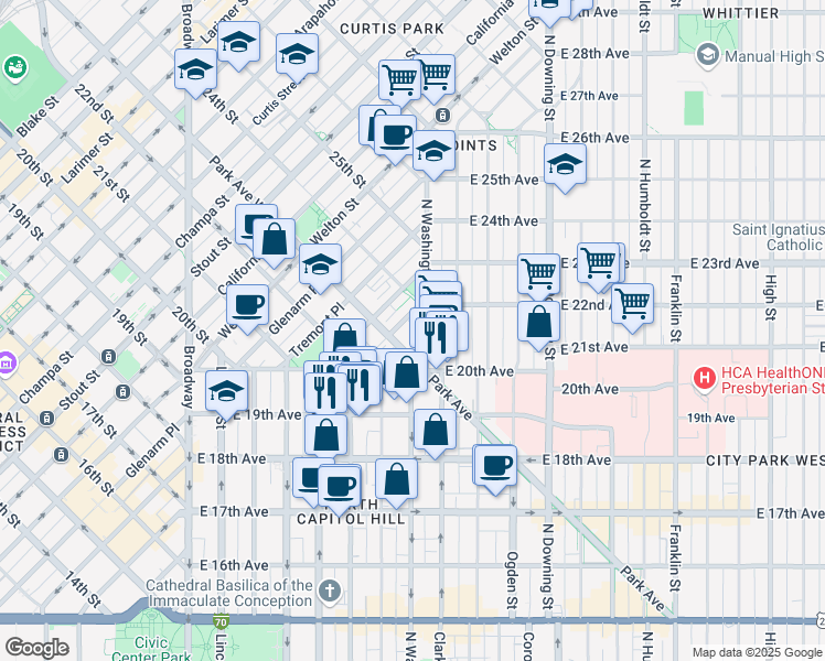 map of restaurants, bars, coffee shops, grocery stores, and more near 2350 Cleveland Place in Denver