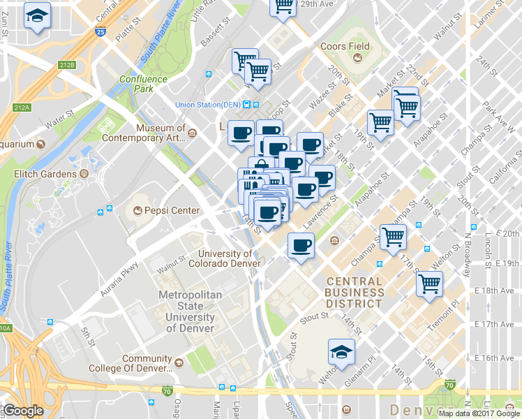 map of restaurants, bars, coffee shops, grocery stores, and more near in Denver