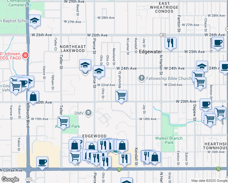 map of restaurants, bars, coffee shops, grocery stores, and more near 2055 Marshall Street in Edgewater