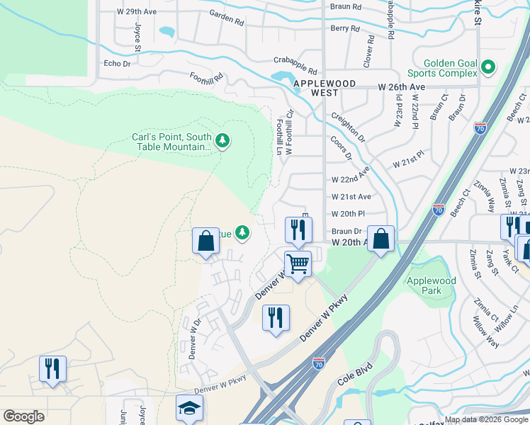 map of restaurants, bars, coffee shops, grocery stores, and more near 2095 Elderberry Road in Golden