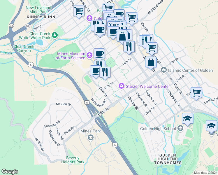 map of restaurants, bars, coffee shops, grocery stores, and more near 1700 Maple Street in Golden
