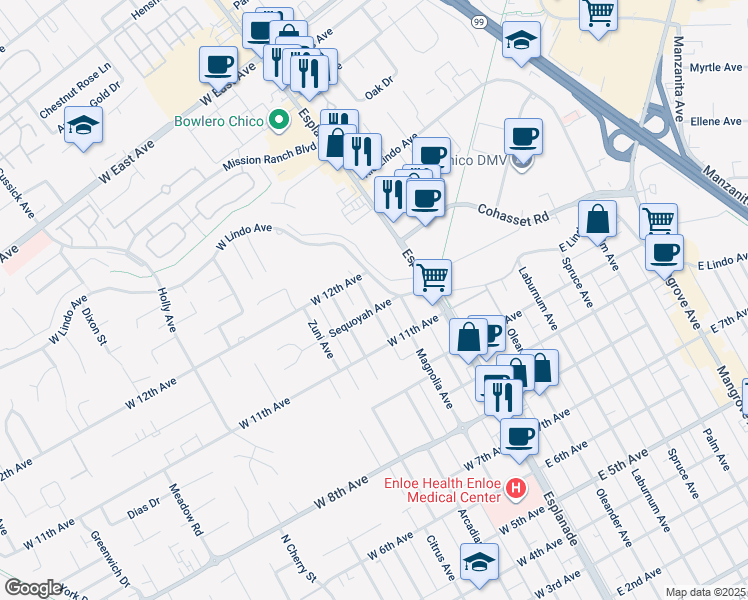 map of restaurants, bars, coffee shops, grocery stores, and more near 2155 Algonkin Avenue in Chico
