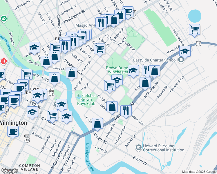 map of restaurants, bars, coffee shops, grocery stores, and more near 822-SS East 22nd Street in Wilmington