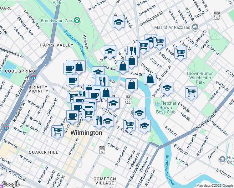 map of restaurants, bars, coffee shops, grocery stores, and more near 1330 North King Street in Wilmington