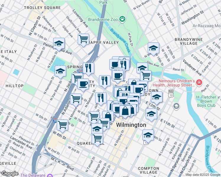 map of restaurants, bars, coffee shops, grocery stores, and more near 1105 Jefferson Street in Wilmington