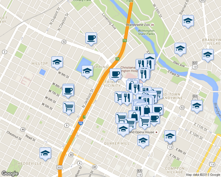 map of restaurants, bars, coffee shops, grocery stores, and more near in Wilmington