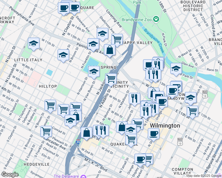 map of restaurants, bars, coffee shops, grocery stores, and more near 829 West 9th Street in Wilmington