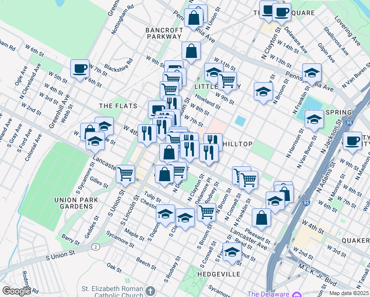 map of restaurants, bars, coffee shops, grocery stores, and more near 1722 West 5th Street in Wilmington