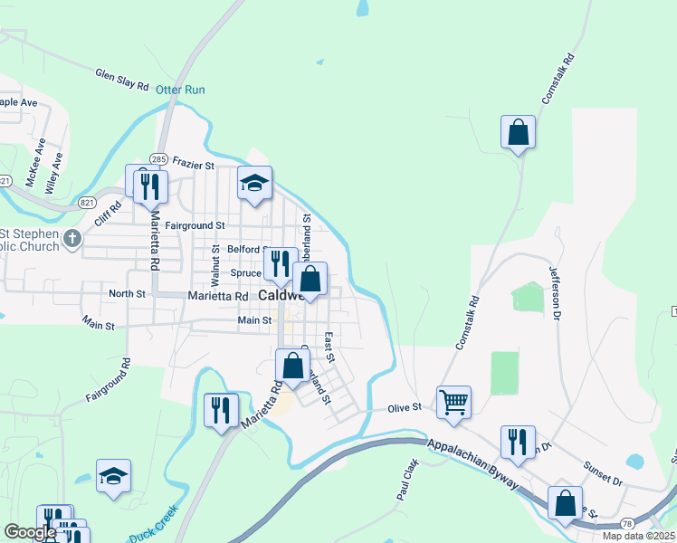 map of restaurants, bars, coffee shops, grocery stores, and more near 511 East Street in Caldwell