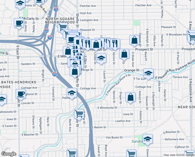 map of restaurants, bars, coffee shops, grocery stores, and more near 1416 Laurel Street in Indianapolis