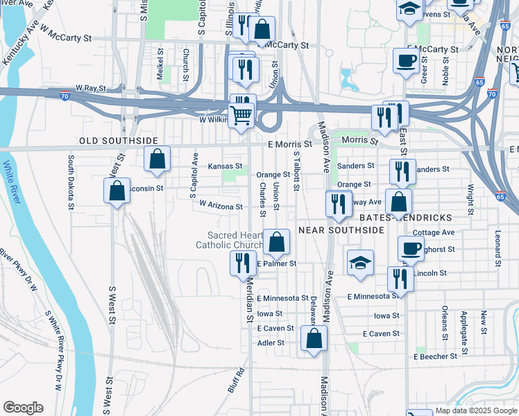map of restaurants, bars, coffee shops, grocery stores, and more near 1410 Charles Street in Indianapolis