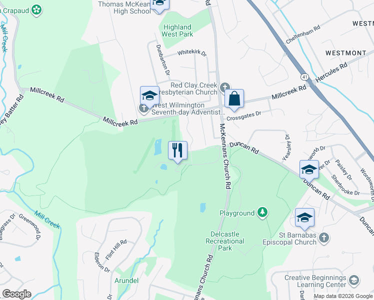 map of restaurants, bars, coffee shops, grocery stores, and more near 631 Dandenog Drive in Wilmington