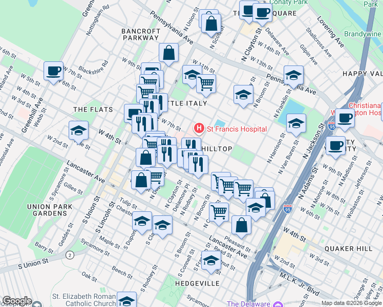 map of restaurants, bars, coffee shops, grocery stores, and more near 524 North Clayton Street in Wilmington