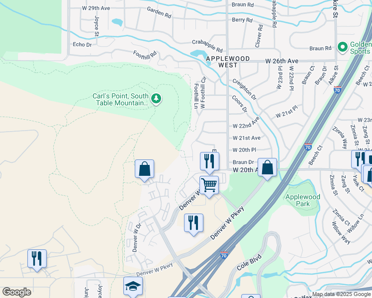 map of restaurants, bars, coffee shops, grocery stores, and more near 2095 Elderberry Road in Golden