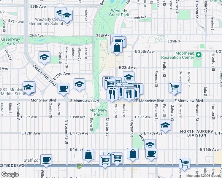 map of restaurants, bars, coffee shops, grocery stores, and more near 9355 E Montview Blvd in Aurora
