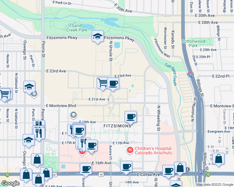 map of restaurants, bars, coffee shops, grocery stores, and more near 2100 North Ursula Street in Aurora