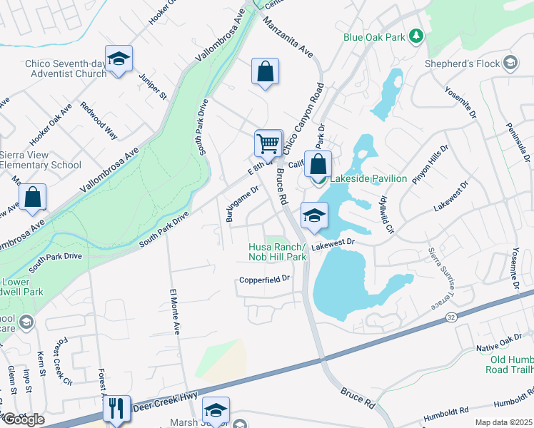 map of restaurants, bars, coffee shops, grocery stores, and more near 2386 Farmington Avenue in Chico