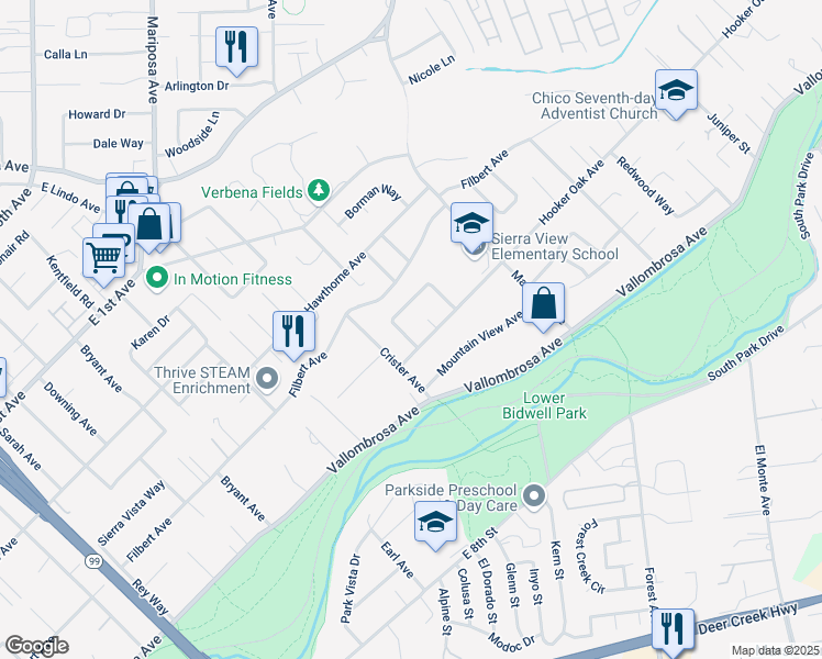 map of restaurants, bars, coffee shops, grocery stores, and more near 9 Saint Francis Drive in Chico