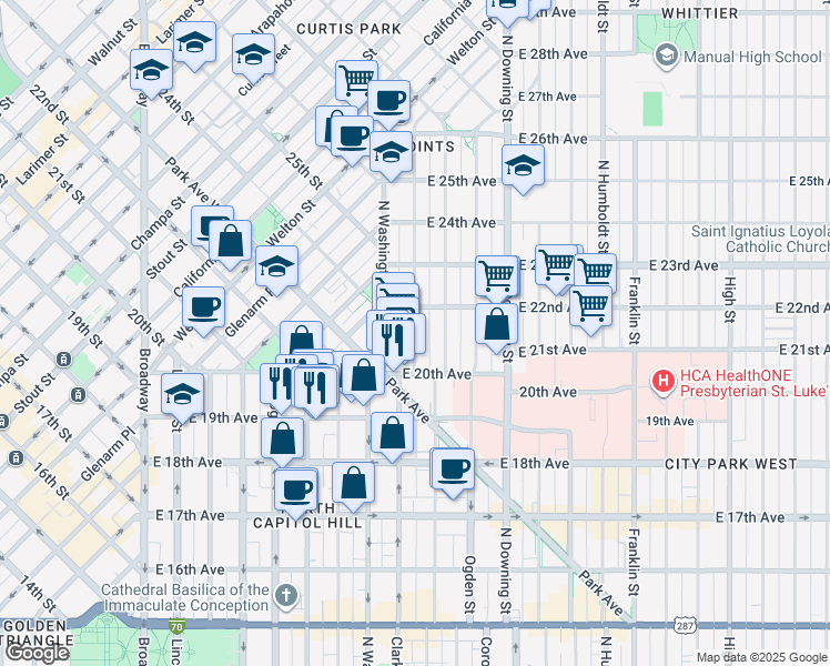 map of restaurants, bars, coffee shops, grocery stores, and more near 757 East 20th Avenue in Denver