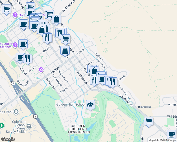 map of restaurants, bars, coffee shops, grocery stores, and more near 518 22nd Street in Golden