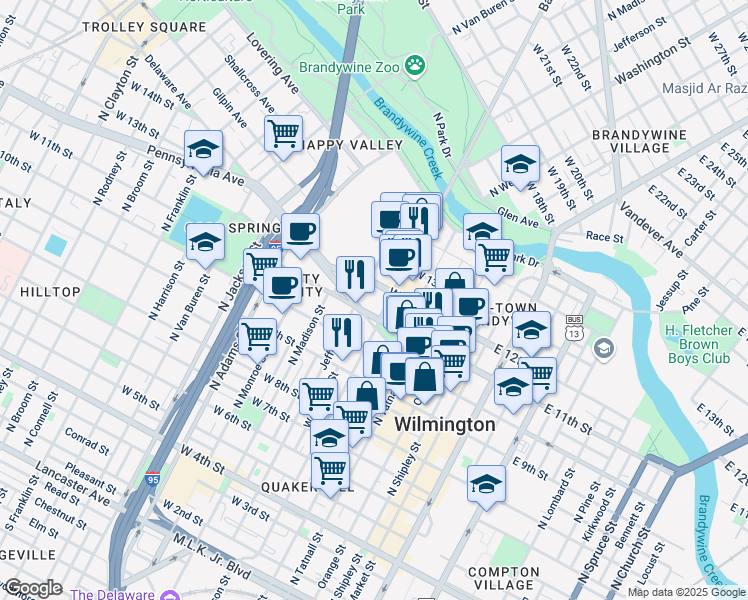 map of restaurants, bars, coffee shops, grocery stores, and more near 501 West 11th Street in Wilmington