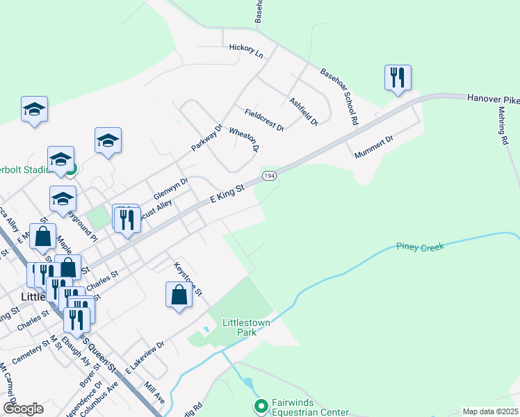 map of restaurants, bars, coffee shops, grocery stores, and more near 591 Lumber Street in Littlestown