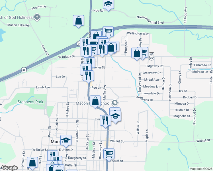 map of restaurants, bars, coffee shops, grocery stores, and more near 500-588 Roe Lane in Macon