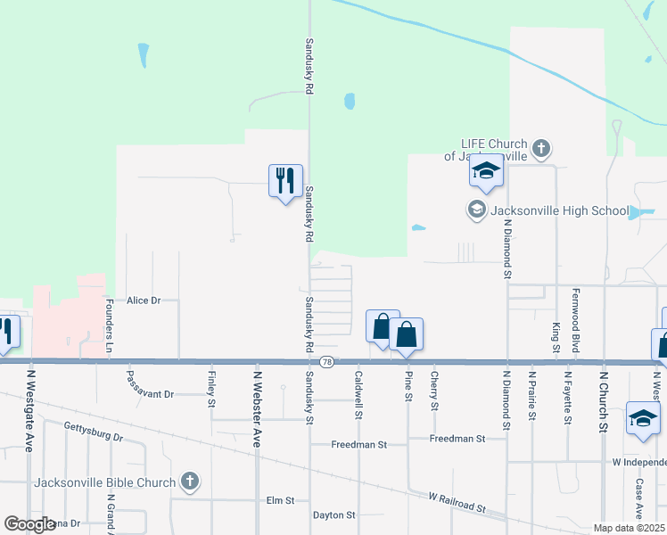 map of restaurants, bars, coffee shops, grocery stores, and more near Nottingham Lane in Jacksonville