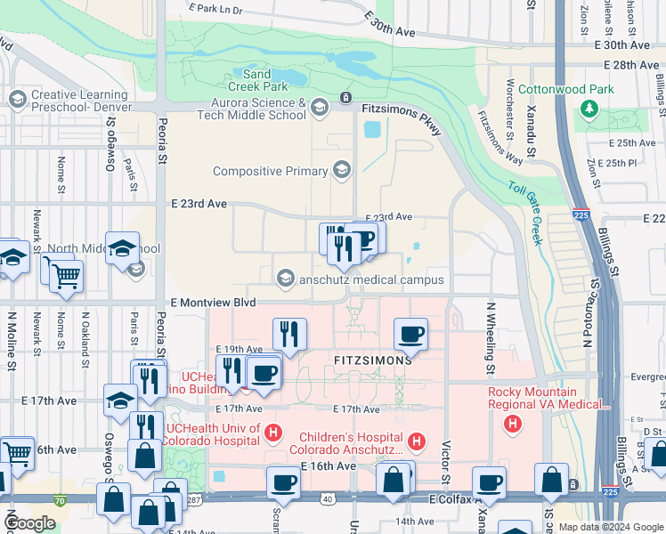 map of restaurants, bars, coffee shops, grocery stores, and more near 2101 North Ursula Street in Aurora