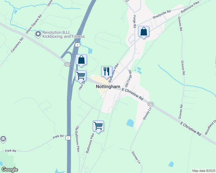 map of restaurants, bars, coffee shops, grocery stores, and more near in Nottingham