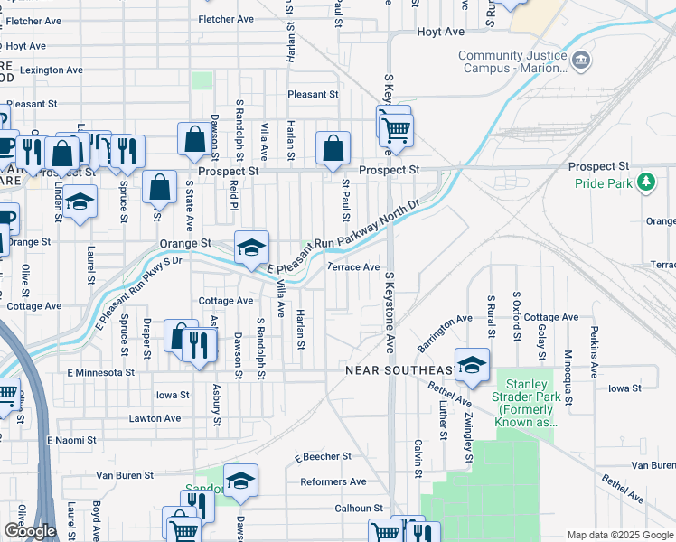 map of restaurants, bars, coffee shops, grocery stores, and more near 2217 Terrace Avenue in Indianapolis