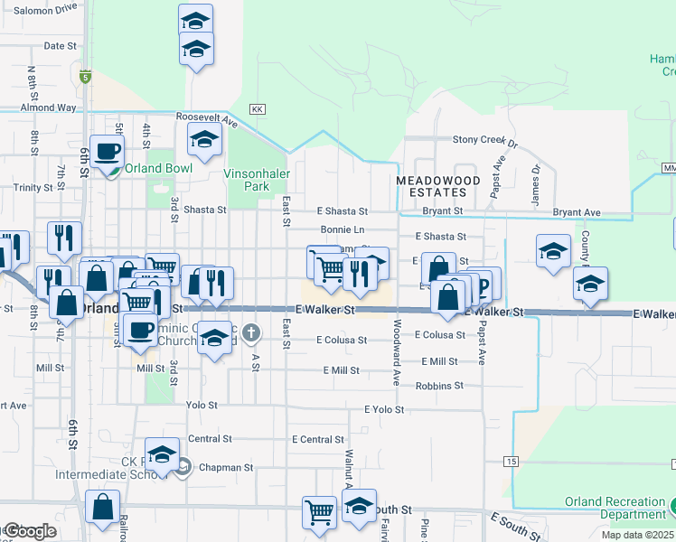 map of restaurants, bars, coffee shops, grocery stores, and more near 51 East Swift Street in Orland
