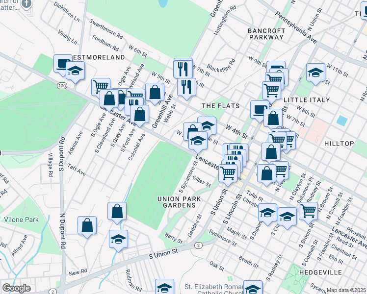 map of restaurants, bars, coffee shops, grocery stores, and more near 2309 Delaware 48 in Wilmington