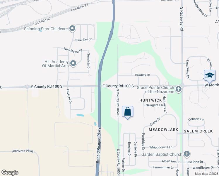 map of restaurants, bars, coffee shops, grocery stores, and more near 10435 East County Road 100 South in Avon