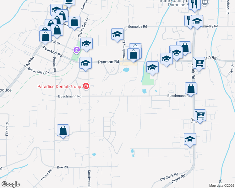 map of restaurants, bars, coffee shops, grocery stores, and more near 831 Buschmann Road in Paradise
