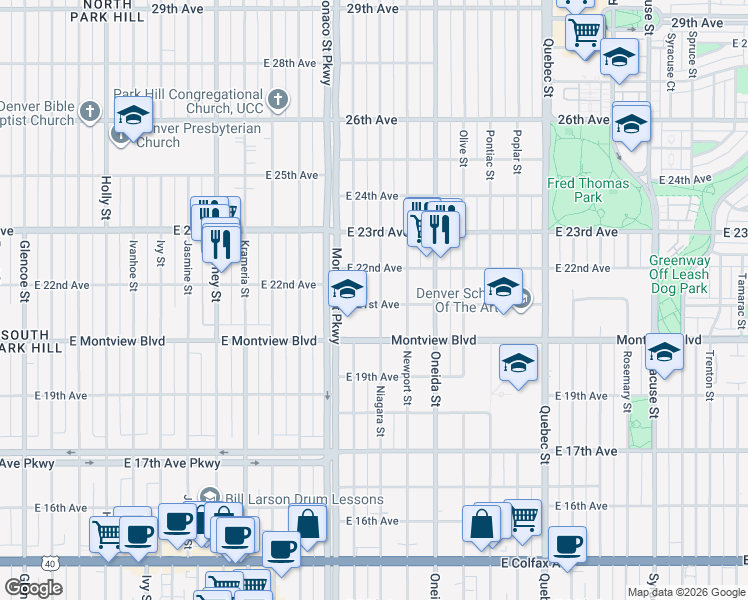 map of restaurants, bars, coffee shops, grocery stores, and more near 2100 Magnolia Street in Denver