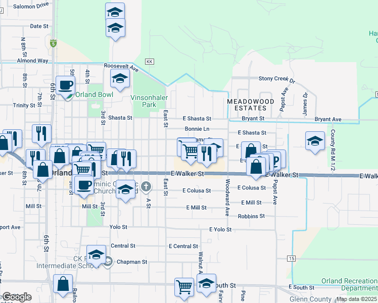 map of restaurants, bars, coffee shops, grocery stores, and more near 51 East Swift Street in Orland