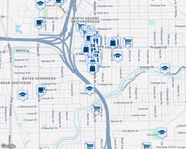 map of restaurants, bars, coffee shops, grocery stores, and more near 1402 Shelby Street in Indianapolis