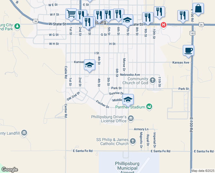map of restaurants, bars, coffee shops, grocery stores, and more near 128-134 Southeast 4th Street in Phillipsburg