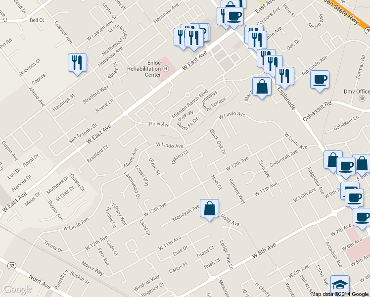 map of restaurants, bars, coffee shops, grocery stores, and more near 2270 Holly Avenue in Chico