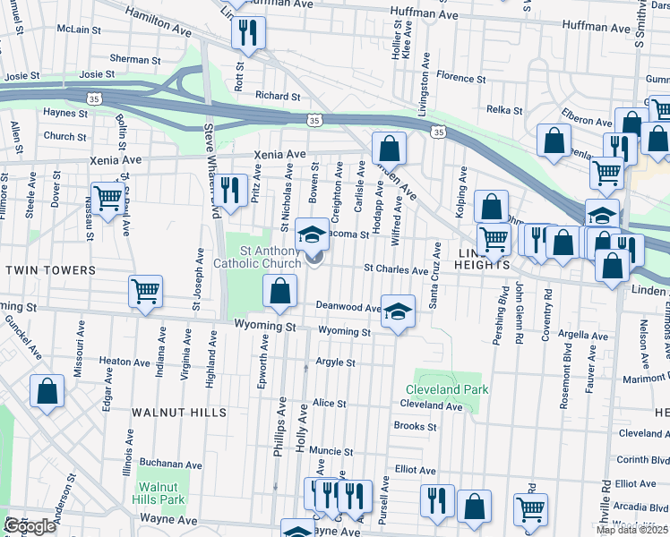 map of restaurants, bars, coffee shops, grocery stores, and more near 812 Creighton Avenue in Dayton