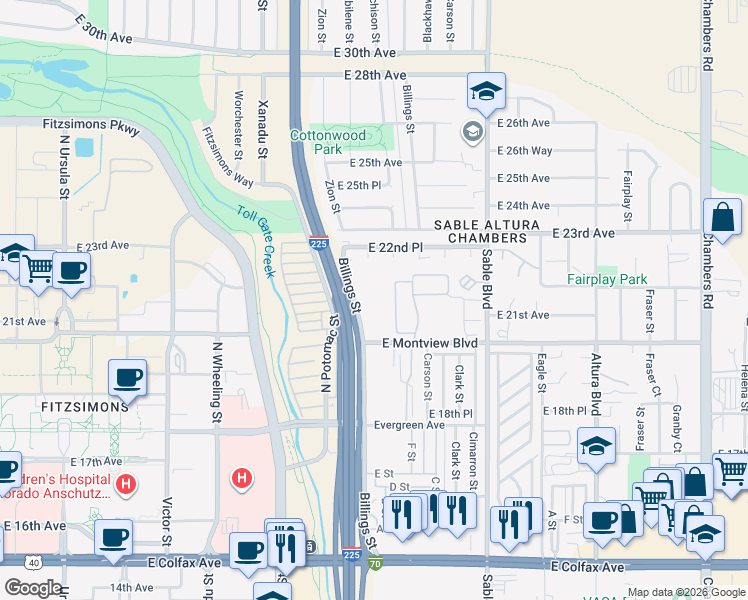 map of restaurants, bars, coffee shops, grocery stores, and more near 2200 Billings Street in Aurora