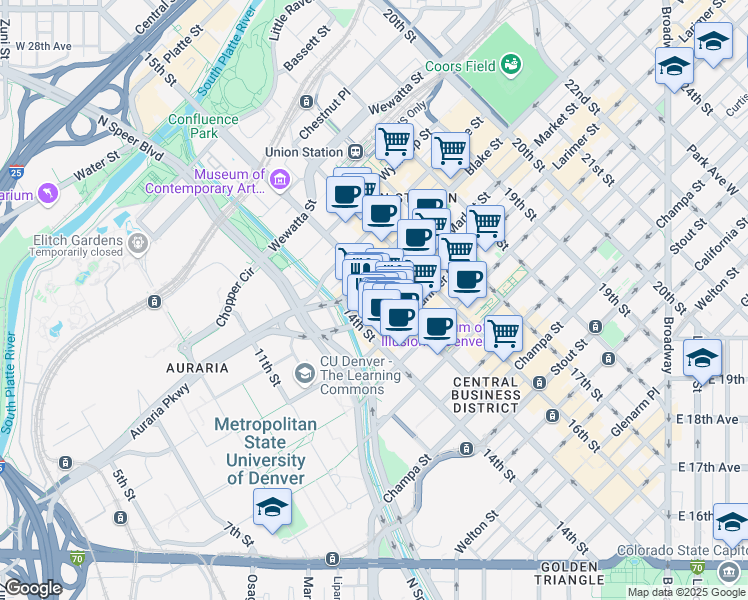 map of restaurants, bars, coffee shops, grocery stores, and more near 1445 Market Street in Denver