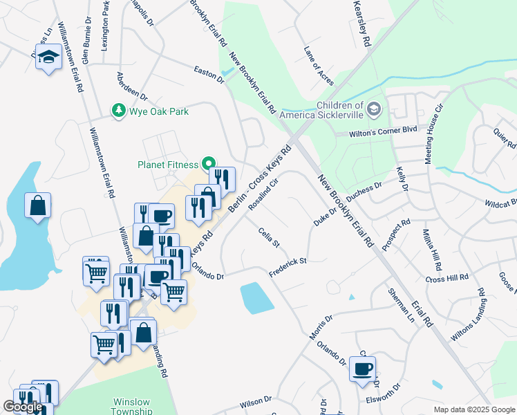 map of restaurants, bars, coffee shops, grocery stores, and more near 2 Touchstone Court in Sicklerville