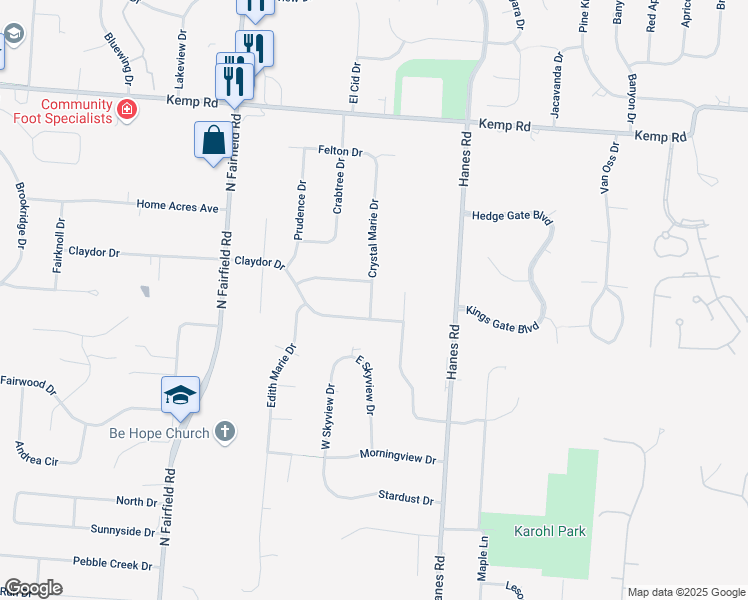 map of restaurants, bars, coffee shops, grocery stores, and more near 2030 Crystal Marie Drive in Dayton