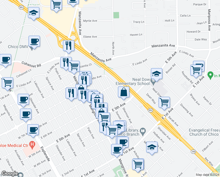 map of restaurants, bars, coffee shops, grocery stores, and more near 1631 Sherman Avenue in Chico
